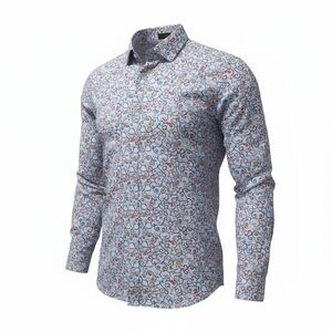 Visconti Black Long Sleeve Mens Blue Scroll Fleur de Lis Mosaic Shirt M Medium